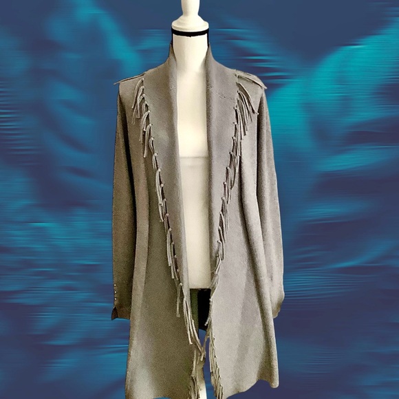 EUC! WHITE HOUSE BLACK MARKET GRAY FRINGE CARDIGAN - Picture 1 of 9
